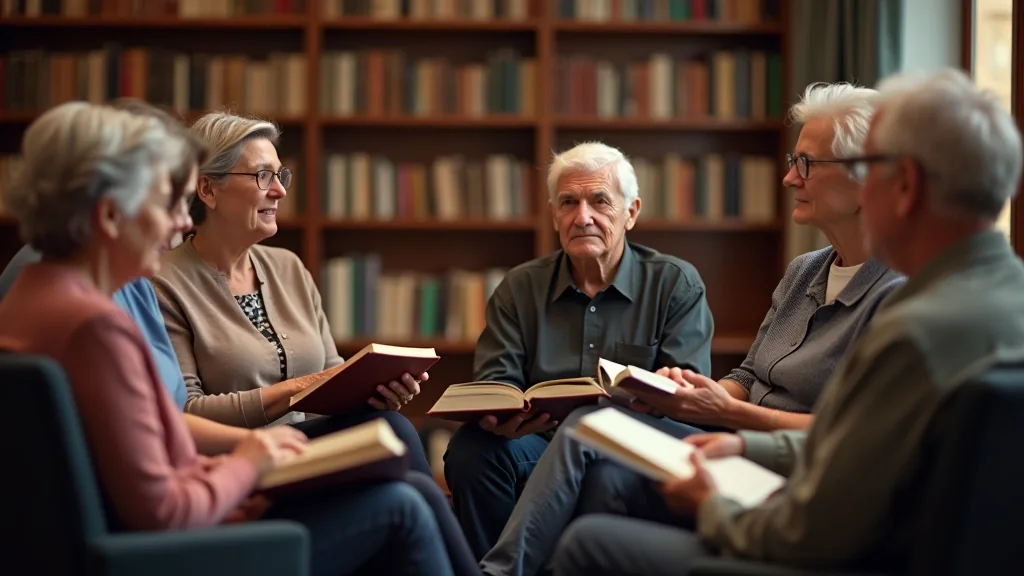 Grupo de personas de distintas edades reunidas alrededor de una mesa en un club de lectura