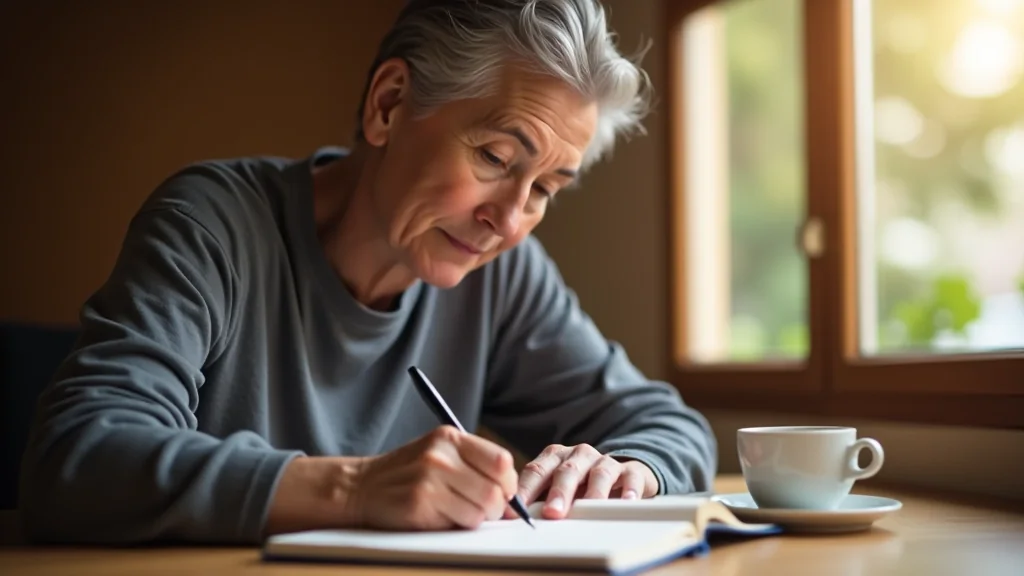 Persona escribiendo a mano en un cuaderno junto a una taza de café, sobre una mesa de madera