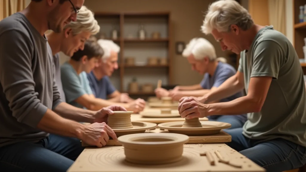 Taller de cerámica con un grupo de personas adultas trabajando en sus piezas alrededor de una mesa