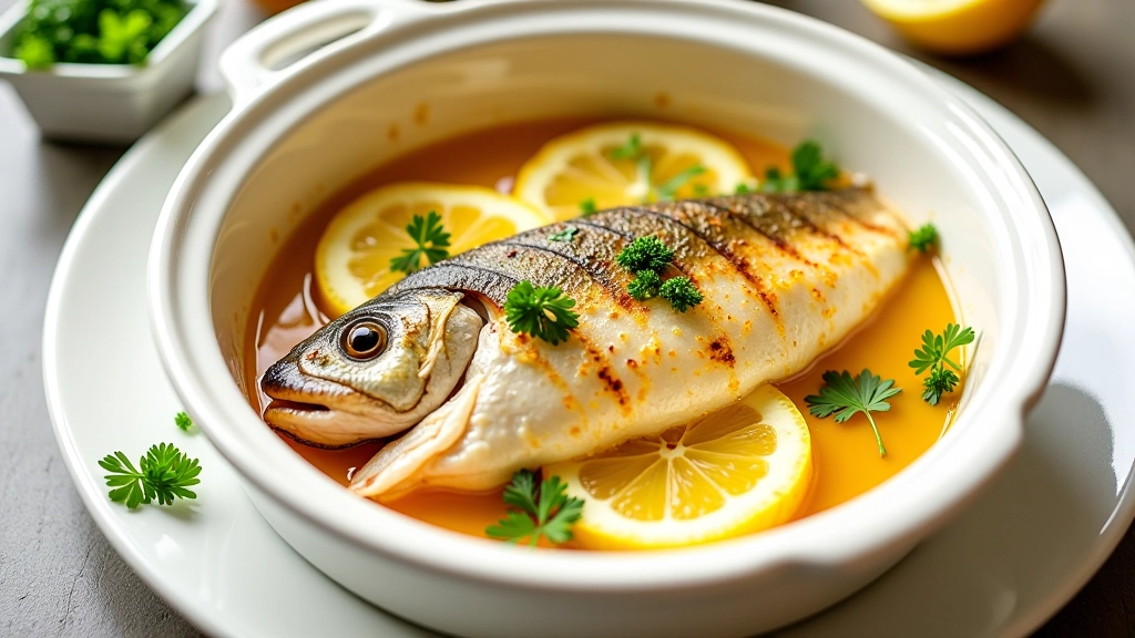 Dourada assada no forno em tabuleiro branco com limão fresco e salsa