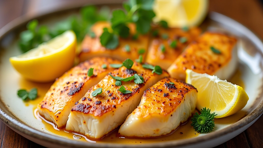 Cinco filetes de peixe fresco na tábua, limão ao lado, temperos variados