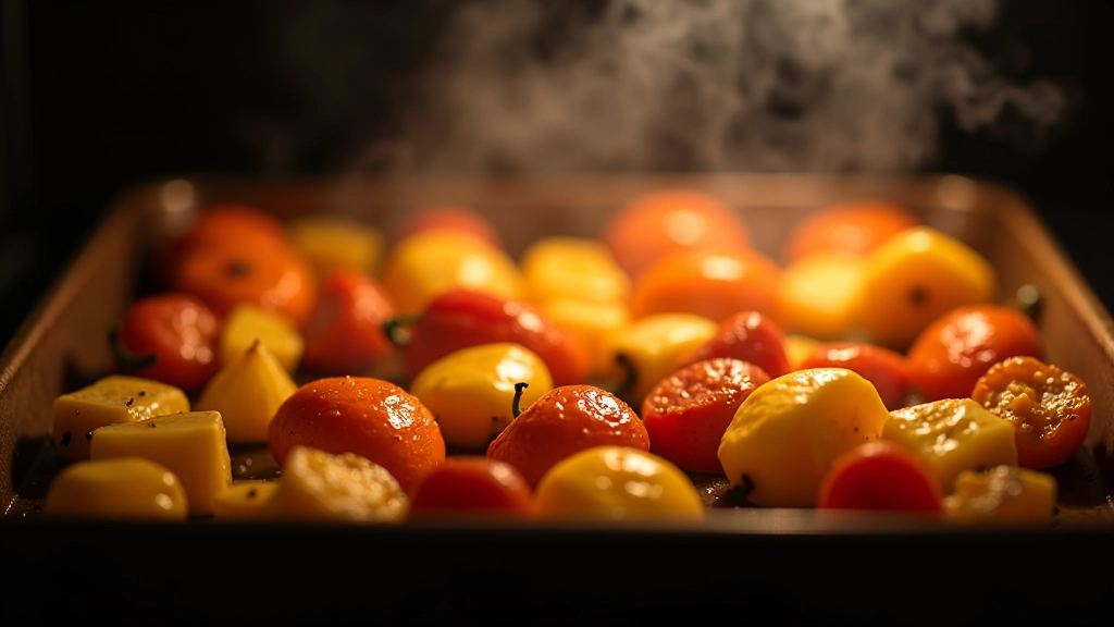 Tabuleiro de assar com vegetais coloridos na metade da cozedura, mostrando caramelização e mudança de cor
