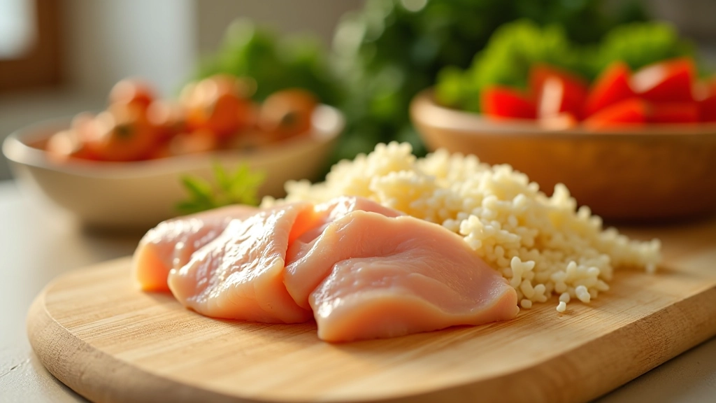 Frango cortado em cubos ao lado de arroz cru e vegetais preparados numa tábua de corte de madeira