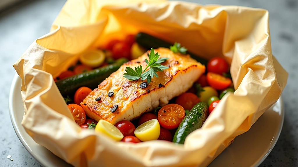 Peixe em papilote com vegetais, papel vegetal aberto mostrando o interior