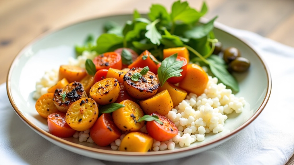 Prato servido com vegetais assados, arroz branco e salada verde fresca, apresentação simples mas apetitosa