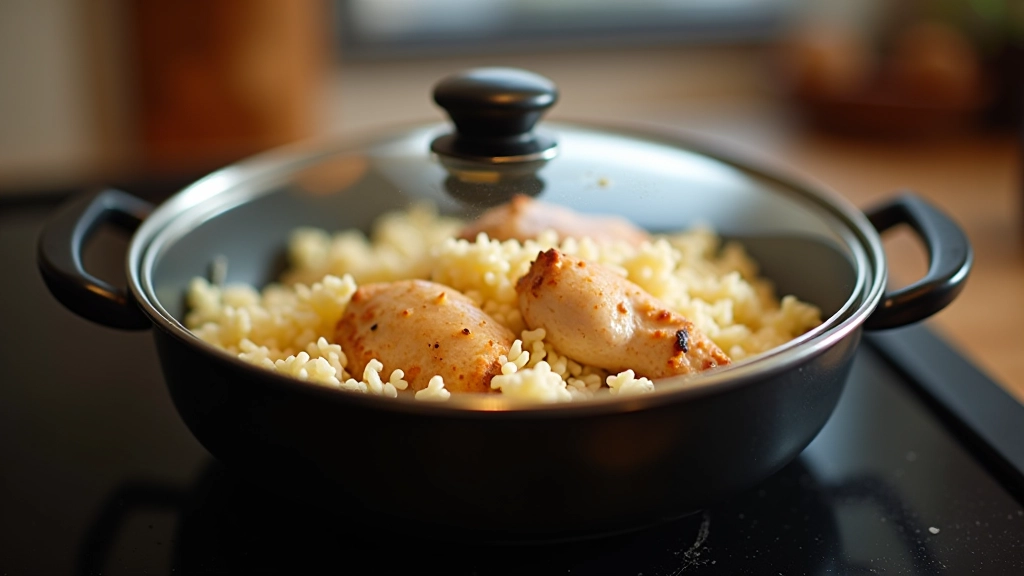 Tacho com tampa de vidro permitindo ver o arroz cozinhando com frango e vegetais no interior
