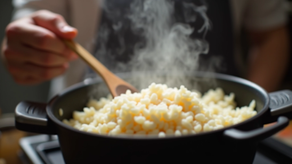 Mão mexendo um tacho de arroz com frango com uma colher de madeira, vapor a sair do tacho