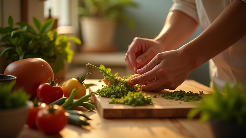 Mãos preparando ingredientes portugueses frescos, bancada de cozinha limpa
