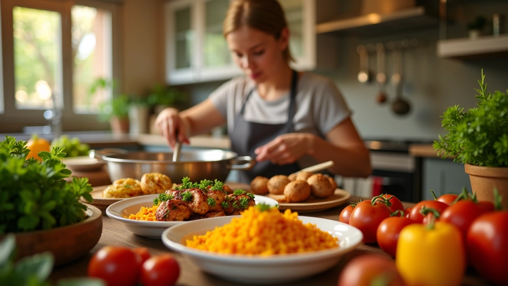 Cozinha profissional portuguesa com ingredientes frescos e tachos preparados