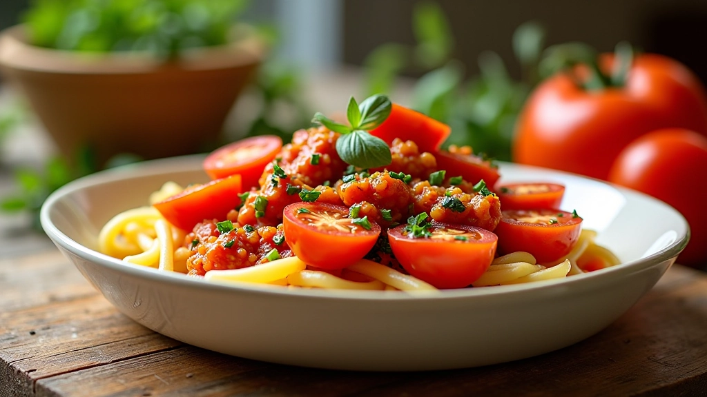 Massa em molho de tomate com ervas frescas em tigela branca, garfo ao lado, mesa de madeira com iluminação natural