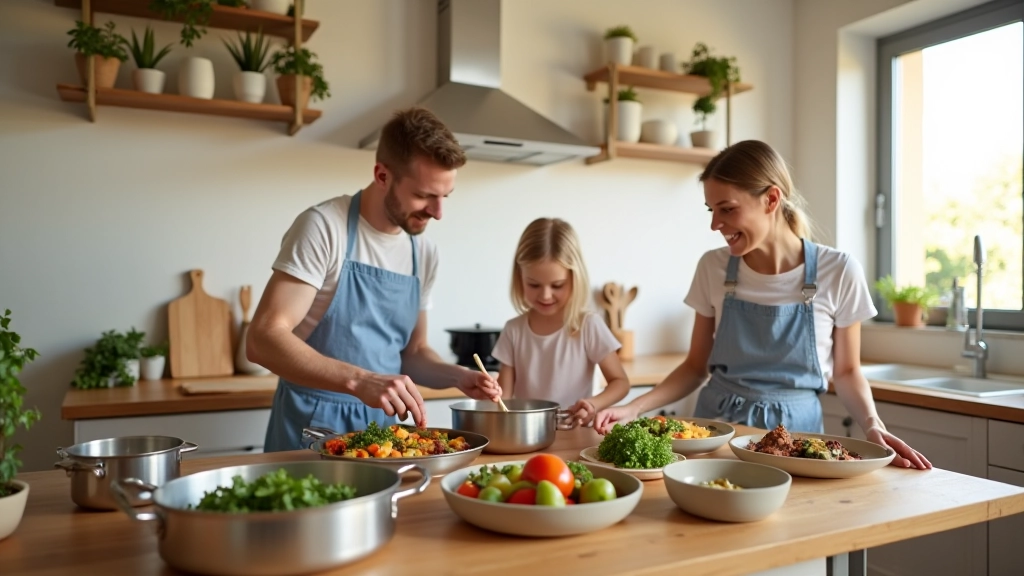 Cozinha moderna com preparação de refeição