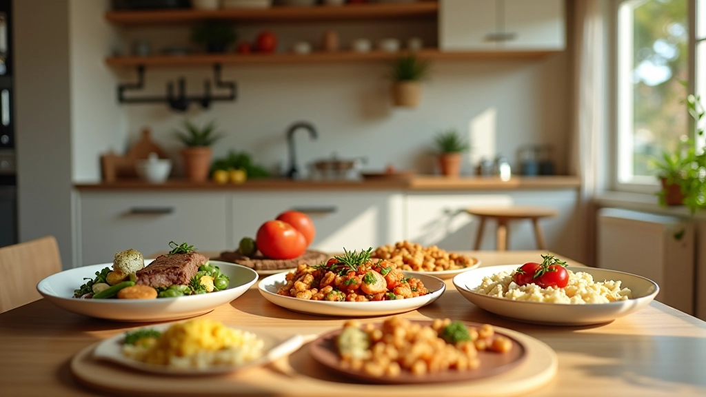Cozinha portuguesa moderna com pratos preparados, ingredientes frescos, ambiente quente e acolhedor