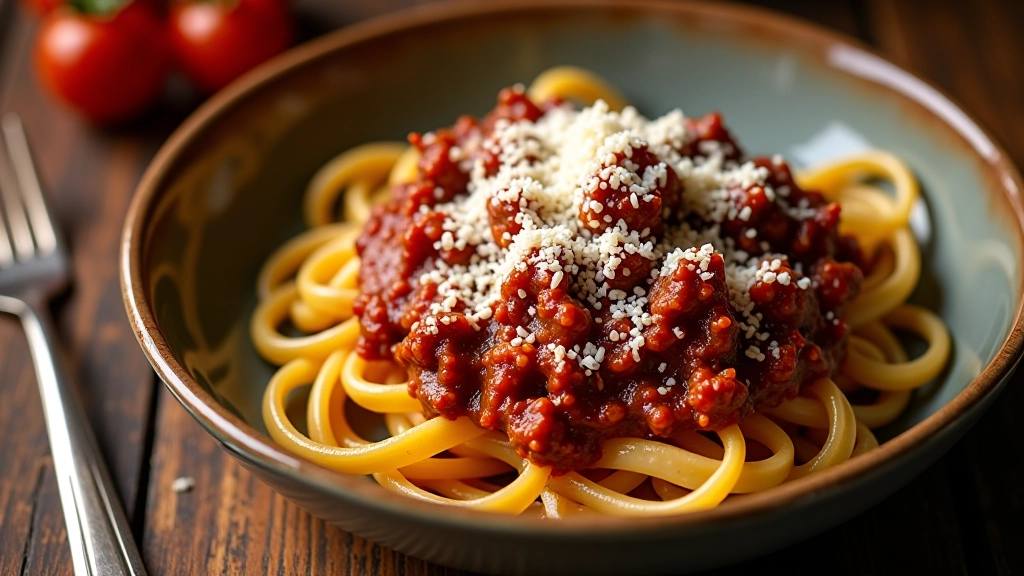 Tigela com massa cozida, molho de tomate escuro com carne moída, queijo parmesão ralado por cima, garfo na beira da tigela