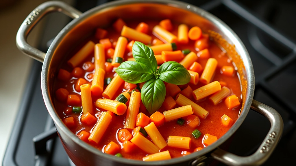 Tacho com massa, molho de tomate, courgete verde e cenoura laranja visíveis, ervas frescas de manjericão em cima, panela de aço inoxidável