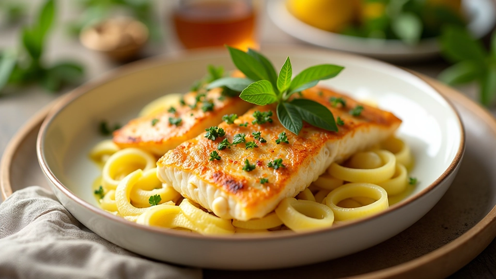 Peixe cozinhado num prato branco com limão e ervas