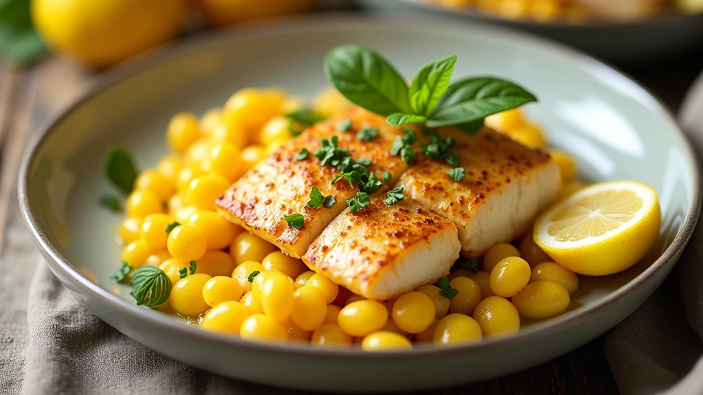 Prato com peixe fresco grelhado, limão e ervas aromáticas, apresentação apetitosa