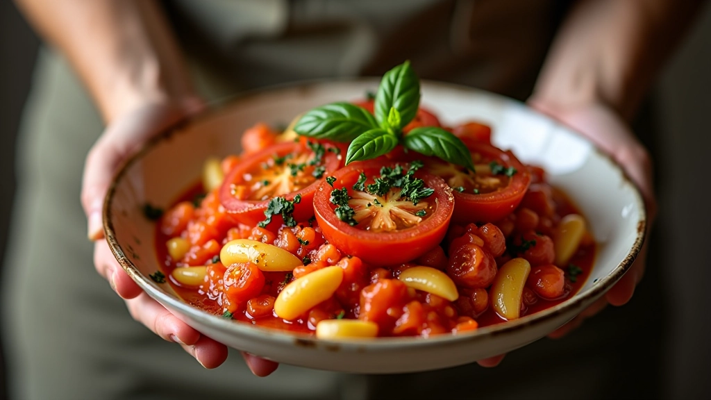 Prato de massa com molho de tomate vermelho vivo e manjericão fresco por cima