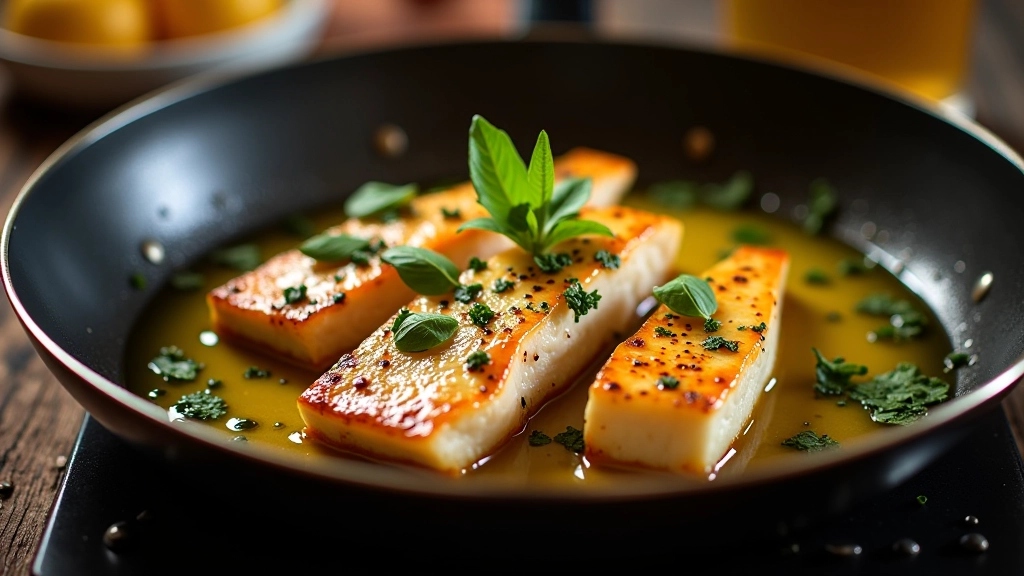 Peixe-espada salteado em frigideira com alho e azeite, apresentação apetitosa