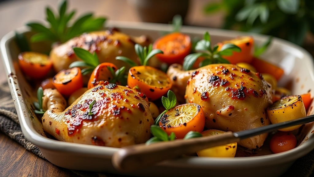 Assadeira com vegetais e proteína no forno