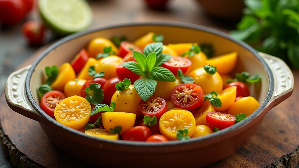Tabuleiro com vegetais assados variados, cores brilhantes, azeite a brilhar