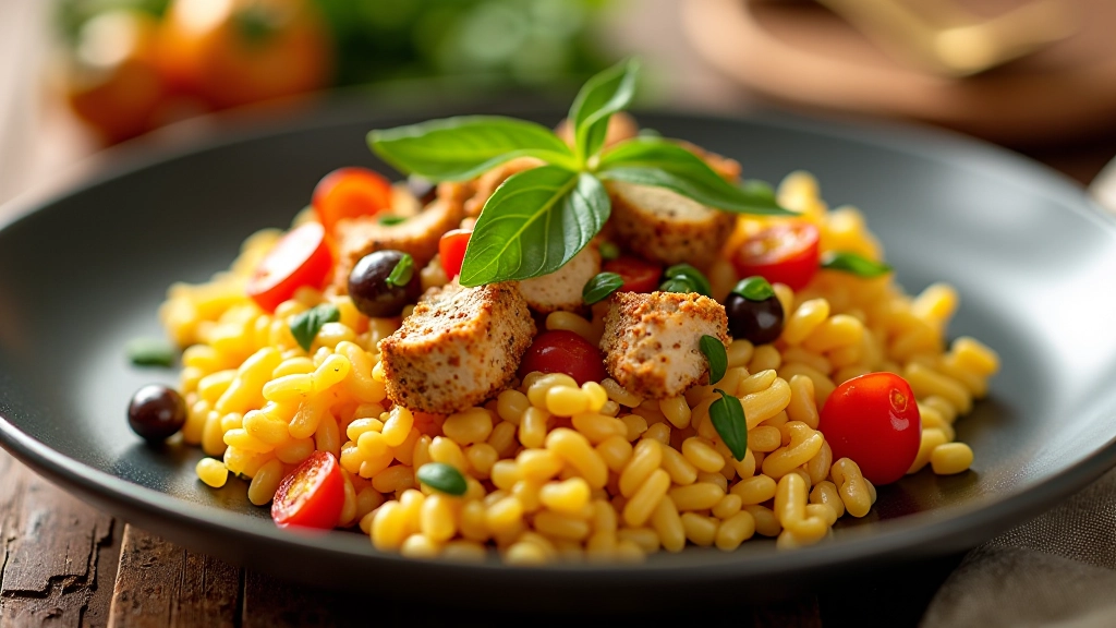 Tacho com arroz, frango desfiado, legumes vermelhos e verdes misturados