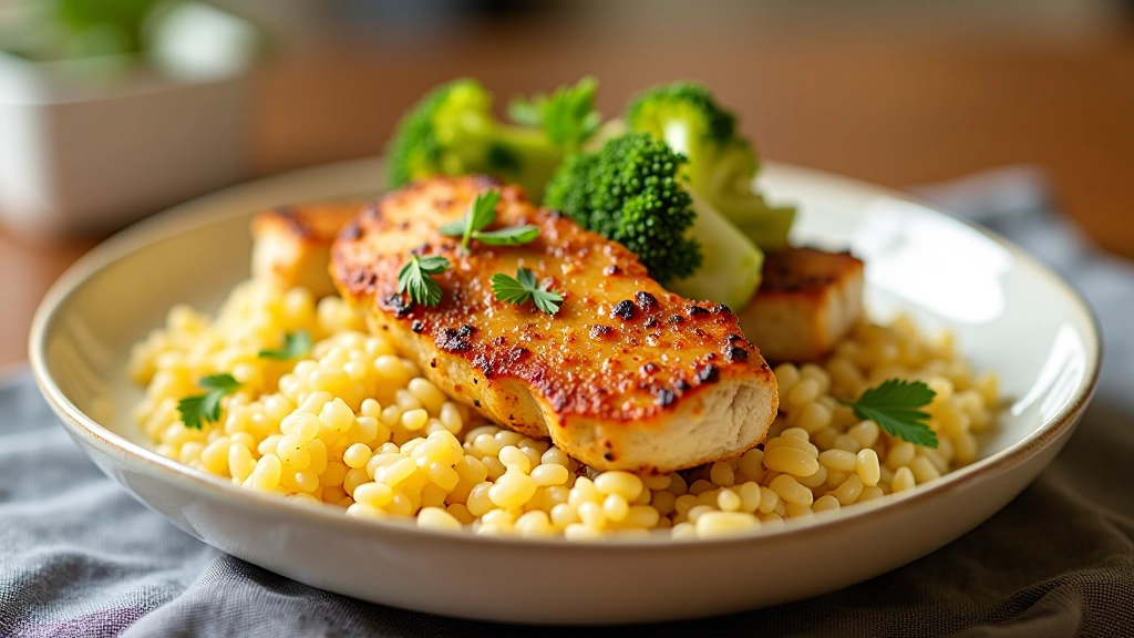 Tacho de arroz com frango, cenoura, ervilha e brócolis num prato branco