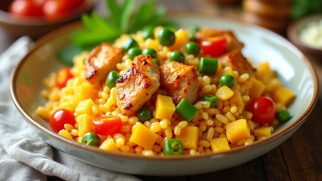Tacho de arroz com frango e legumes coloridos