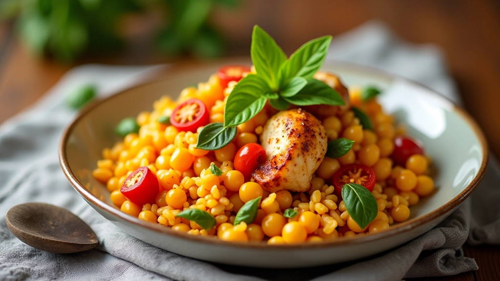 Tacho de arroz com frango e legumes coloridos, prato completo