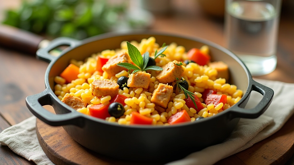 Tacho de barro com arroz, frango e legumes coloridos cozidos juntos