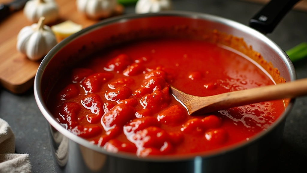 Tacho com molho de tomate vermelho vivo, colher de pau dentro, alho fresco ao lado em tábua de corte